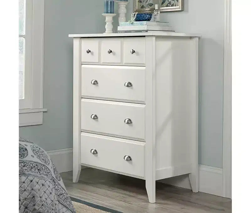 8,25 po H Commode verticale en bois composite avec 4 tiroirs au fini blanc