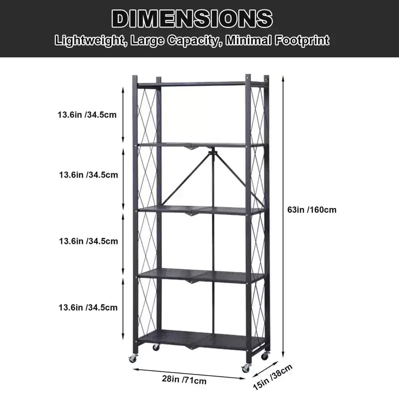 Étagère de rangement à 5 niveaux avec roulettes, rayonnage métallique pliable, présentoir, aucun assemblage requis, pour garage, cuisine, sous-sol, garde-manger
