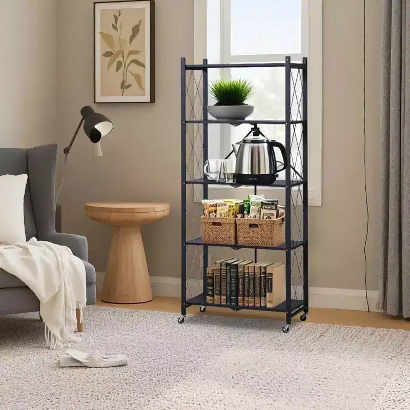 Étagère de rangement à 5 niveaux avec roulettes, rayonnage métallique pliable, présentoir, aucun assemblage requis, pour garage, cuisine, sous-sol, garde-manger