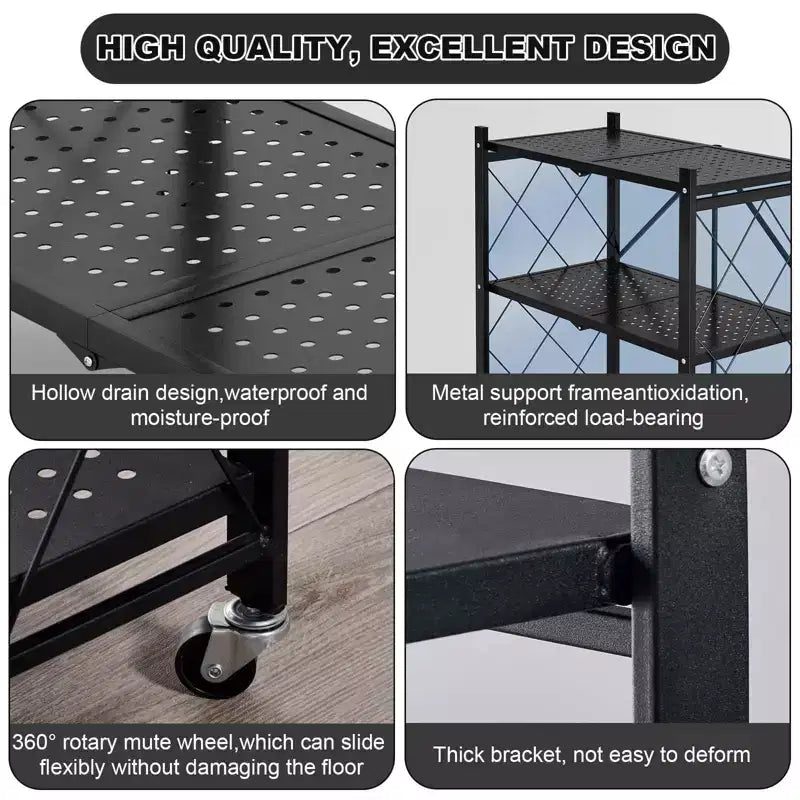 Étagère de rangement à 5 niveaux avec roulettes, rayonnage métallique pliable, présentoir, aucun assemblage requis, pour garage, cuisine, sous-sol, garde-manger