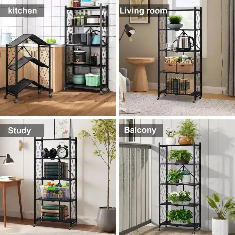 Étagère de rangement à 5 niveaux avec roulettes, rayonnage métallique pliable, présentoir, aucun assemblage requis, pour garage, cuisine, sous-sol, garde-manger