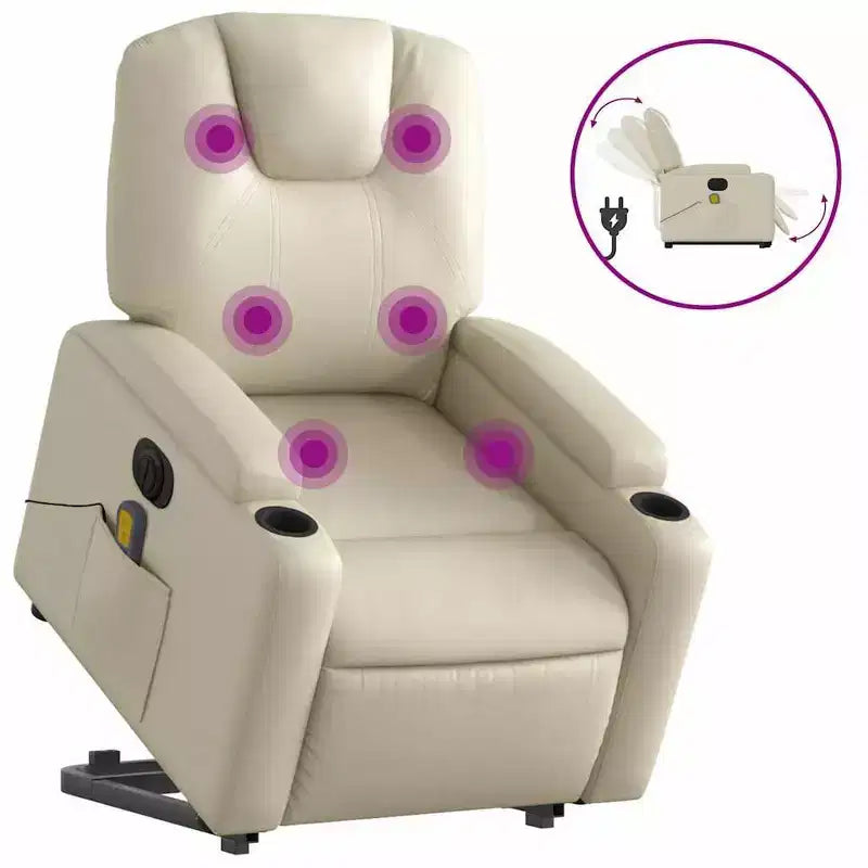 vidaXL Electric Massage Recliner Chair - Cream Faux Leather Stand-up Armchair with Vibration Massage, Power Lift, Cup Holders for Living Room Comfort