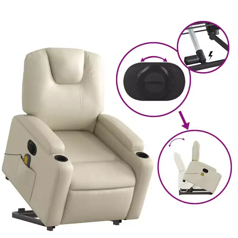 Fauteuil de massage électrique inclinable - Fauteuil releveur crème en similicuir avec massage vibrant, inclinaison électrique, porte-gobelets pour le confort du salon