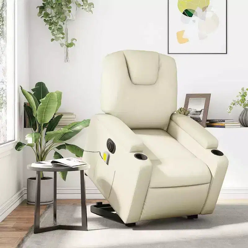 Fauteuil de massage électrique inclinable - Fauteuil releveur crème en similicuir avec massage vibrant, inclinaison électrique, porte-gobelets pour le confort du salon