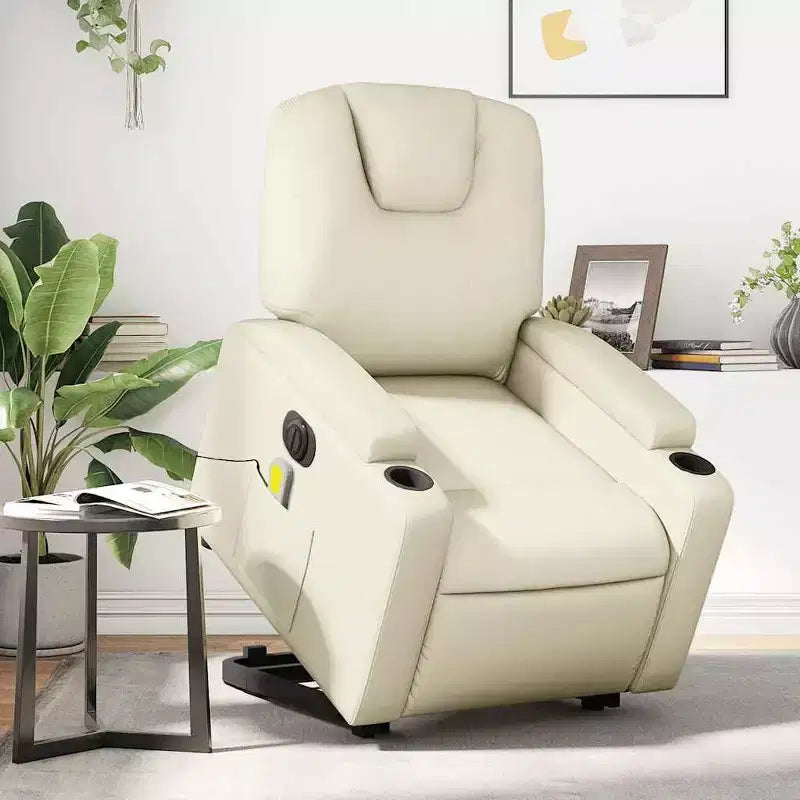 Fauteuil de massage électrique inclinable - Fauteuil releveur crème en similicuir avec massage vibrant, inclinaison électrique, porte-gobelets pour le confort du salon