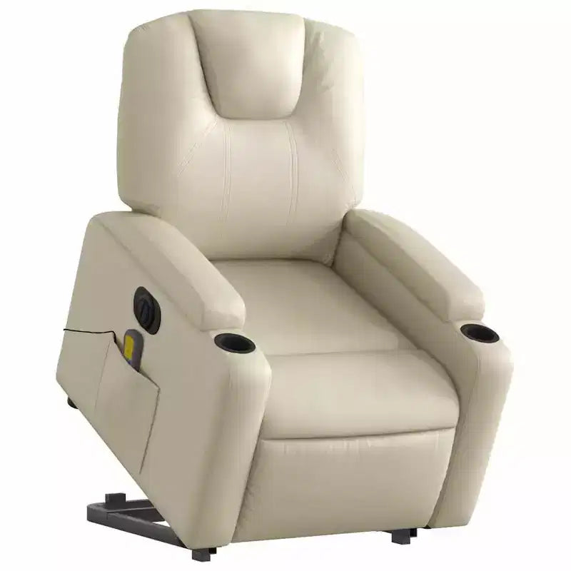 Fauteuil de massage électrique inclinable - Fauteuil releveur crème en similicuir avec massage vibrant, inclinaison électrique, porte-gobelets pour le confort du salon