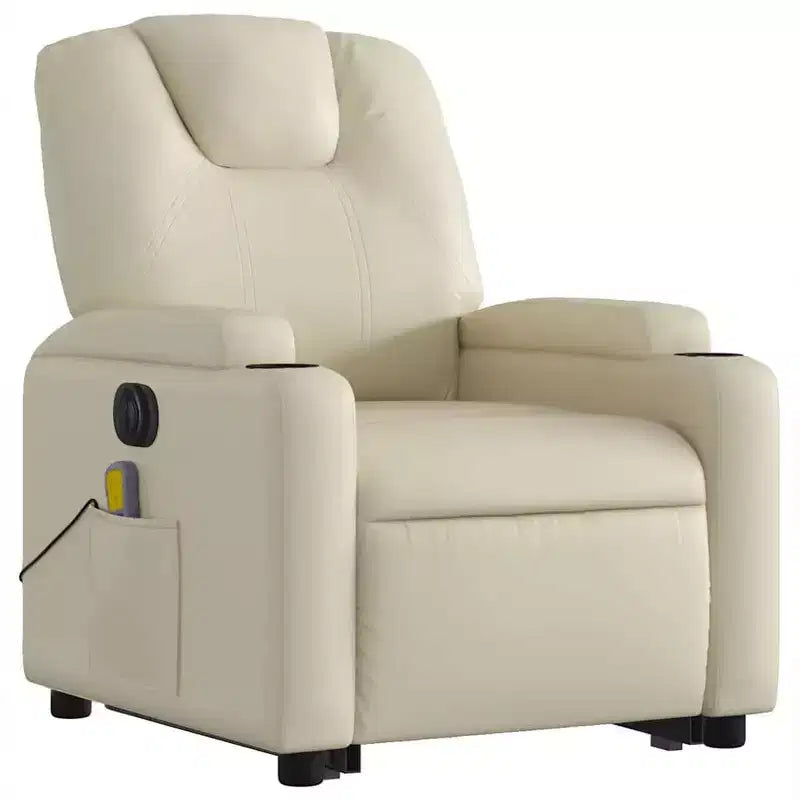 Fauteuil de massage électrique inclinable - Fauteuil releveur crème en similicuir avec massage vibrant, inclinaison électrique, porte-gobelets pour le confort du salon