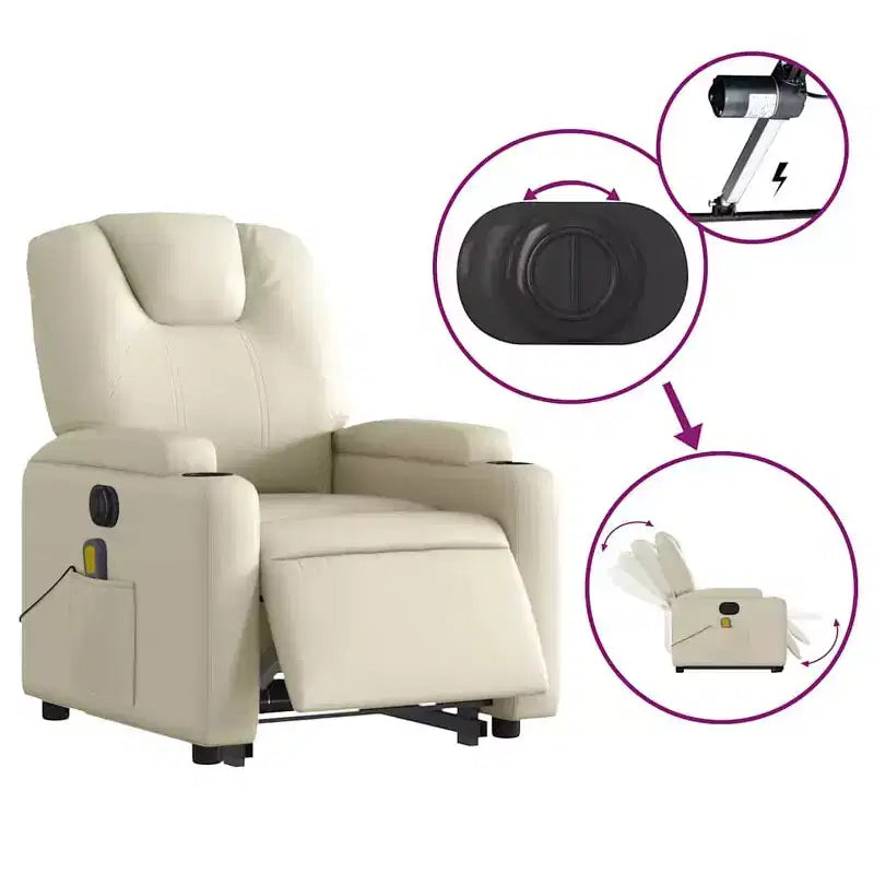 Fauteuil de massage électrique inclinable - Fauteuil releveur crème en similicuir avec massage vibrant, inclinaison électrique, porte-gobelets pour le confort du salon