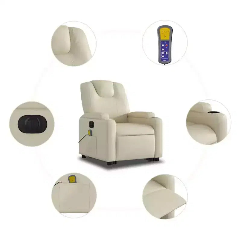 Fauteuil de massage électrique inclinable - Fauteuil releveur crème en similicuir avec massage vibrant, inclinaison électrique, porte-gobelets pour le confort du salon