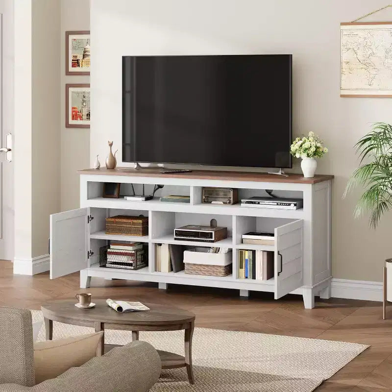 65 Modern TV Stand | Semi-Open Double Doors & 8 Compartments | 3 Adjustable Shelves | PB+MDF | for Living Room & Bedroom