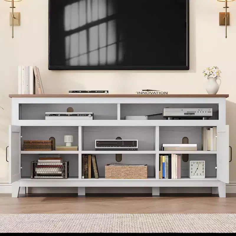 65 Modern TV Stand | Semi-Open Double Doors & 8 Compartments | 3 Adjustable Shelves | PB+MDF | for Living Room & Bedroom