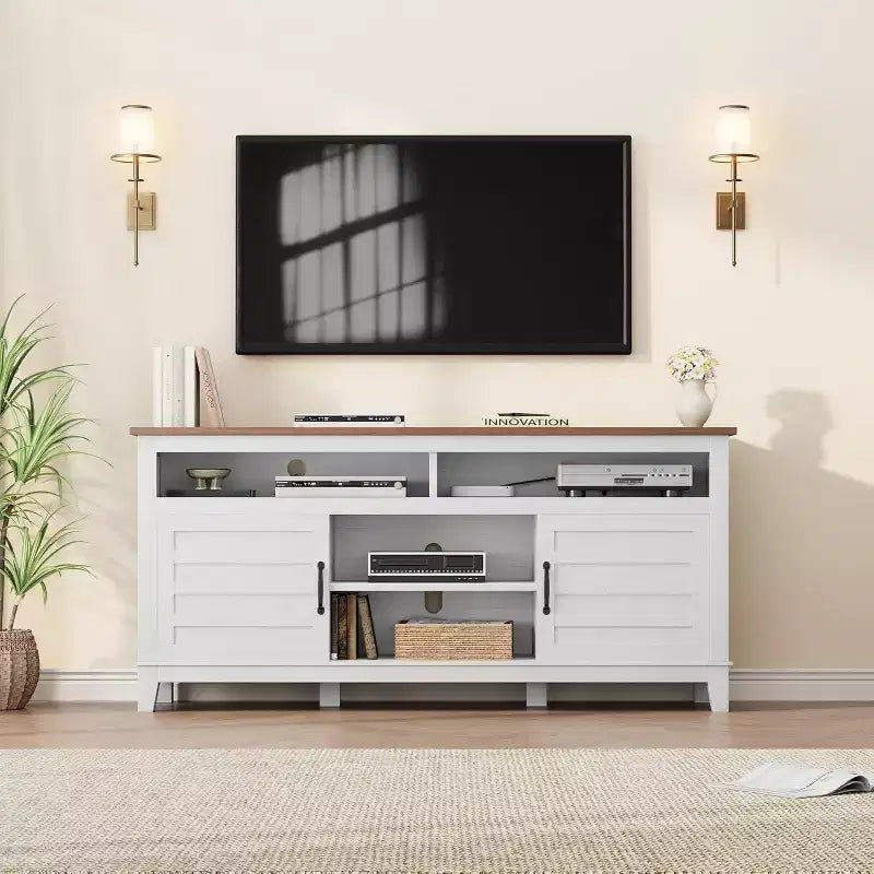 65 Modern TV Stand | Semi-Open Double Doors & 8 Compartments | 3 Adjustable Shelves | PB+MDF | for Living Room & Bedroom