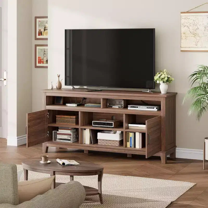 65 Modern TV Stand | Semi-Open Double Doors & 8 Compartments | 3 Adjustable Shelves | PB+MDF | for Living Room & Bedroom