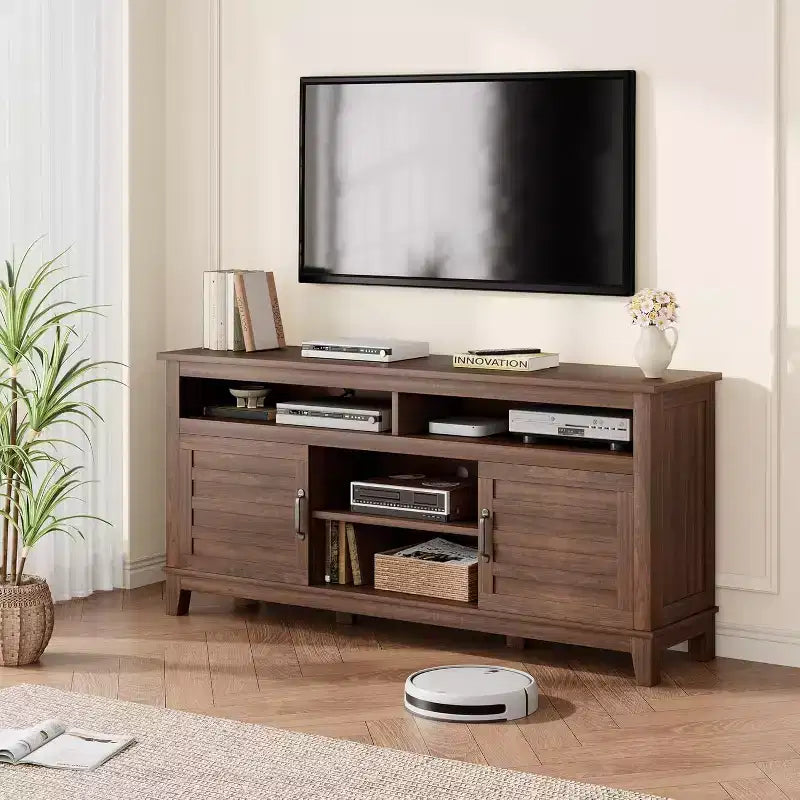 65 Modern TV Stand | Semi-Open Double Doors & 8 Compartments | 3 Adjustable Shelves | PB+MDF | for Living Room & Bedroom