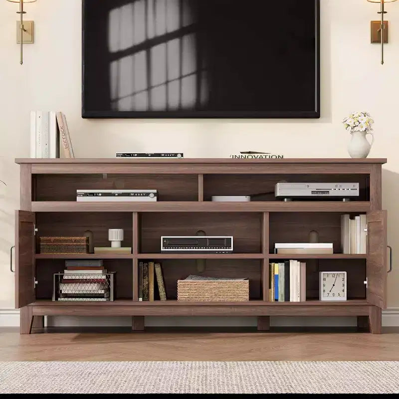 65 Modern TV Stand | Semi-Open Double Doors & 8 Compartments | 3 Adjustable Shelves | PB+MDF | for Living Room & Bedroom