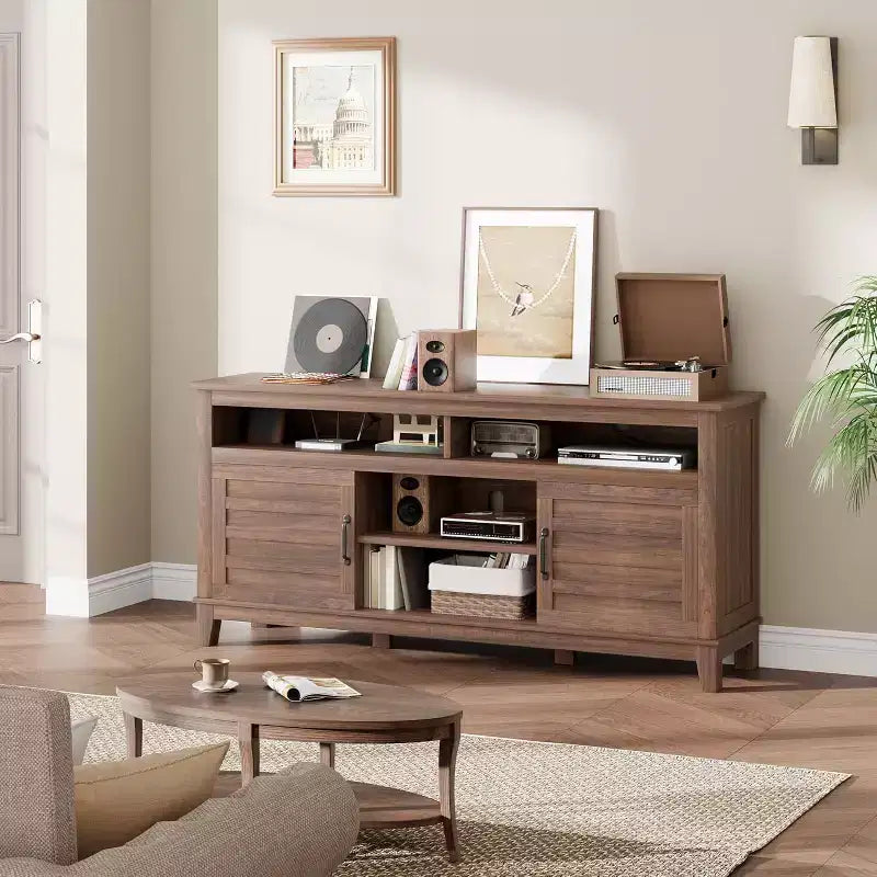 65 Modern TV Stand | Semi-Open Double Doors & 8 Compartments | 3 Adjustable Shelves | PB+MDF | for Living Room & Bedroom