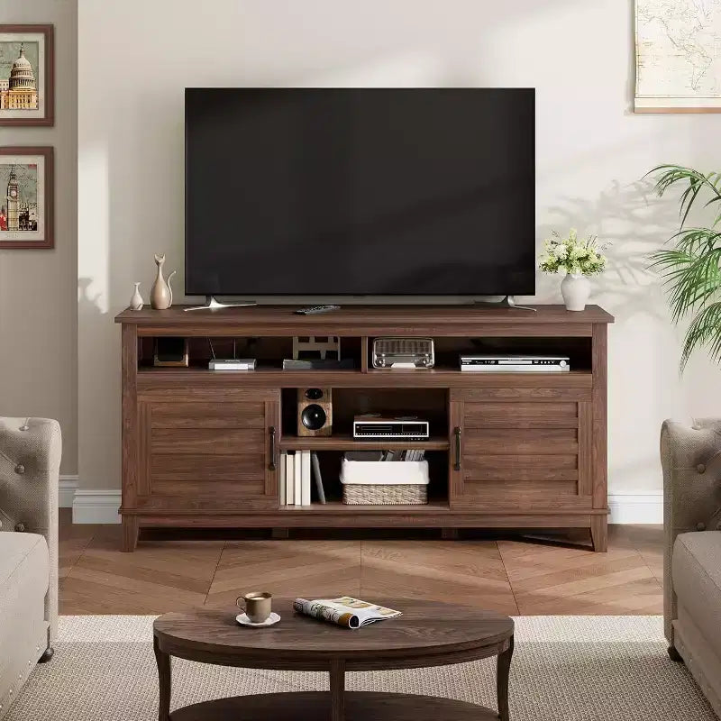 65 Modern TV Stand | Semi-Open Double Doors & 8 Compartments | 3 Adjustable Shelves | PB+MDF | for Living Room & Bedroom