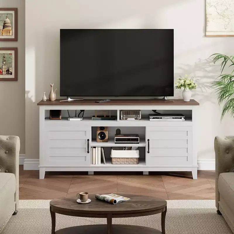 65 Modern TV Stand | Semi-Open Double Doors & 8 Compartments | 3 Adjustable Shelves | PB+MDF | for Living Room & Bedroom