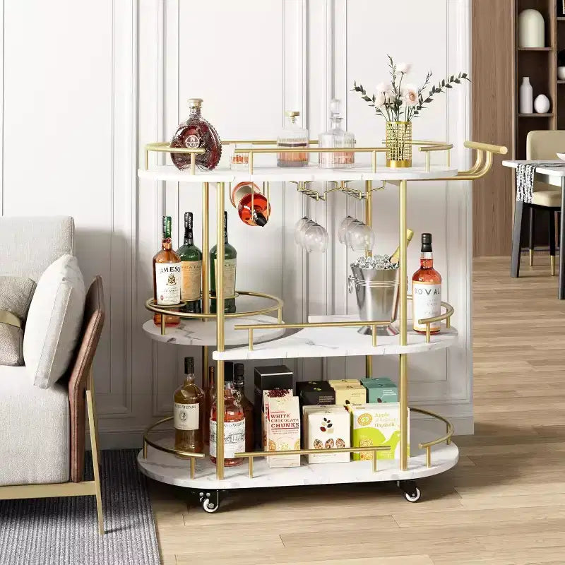 Acekool 4-Tier Bar Cart with Wine Rack and Glass Holder, Mobile Serving Cart on Wheels for Kitchen Dining Living Room, Gold+White