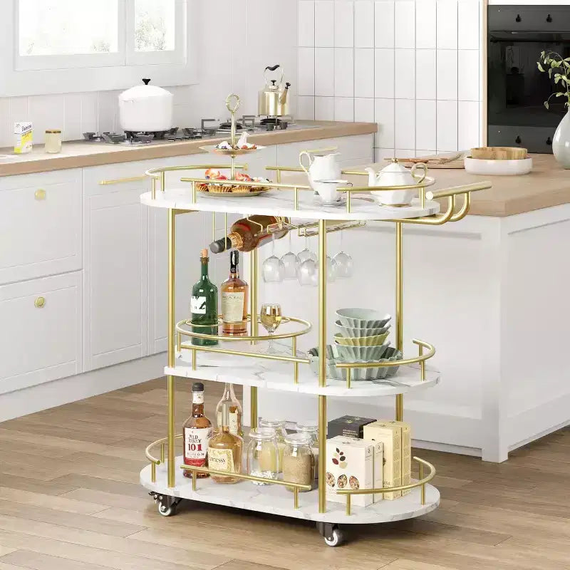 Chariot de bar à 4 niveaux avec porte-bouteilles et porte-verres, desserte mobile à roulettes pour cuisine, salle à manger, salon, or et blanc