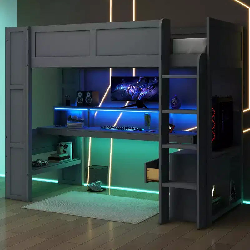 Polibi Ultimate Gaming Loft Bed with LED Desk, Charging Station & Built-in Storage
