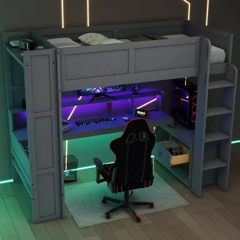 Ultimate Gaming Loft Bed with LED Desk, Charging Station & Built-in Storage
