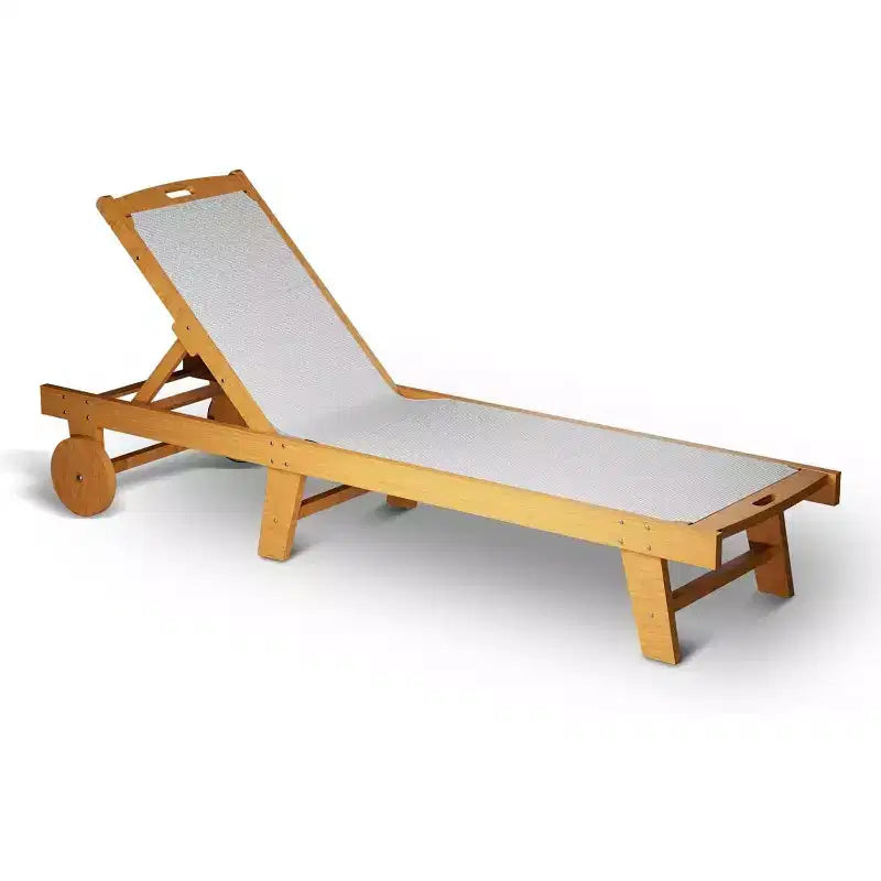 Adjustable Patio Chaise Lounge Chair with Wheels, 79x24in Acacia Wood Outdoor Recliner, All-Weather Teslin Mesh Cushion
