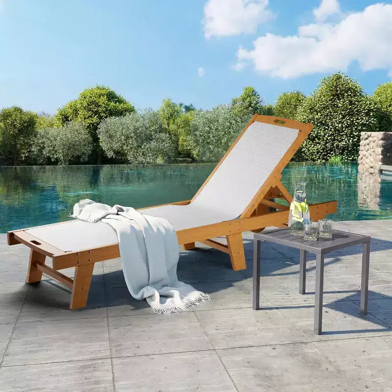 Adjustable Patio Chaise Lounge Chair with Wheels, 79x24in Acacia Wood Outdoor Recliner, All-Weather Teslin Mesh Cushion