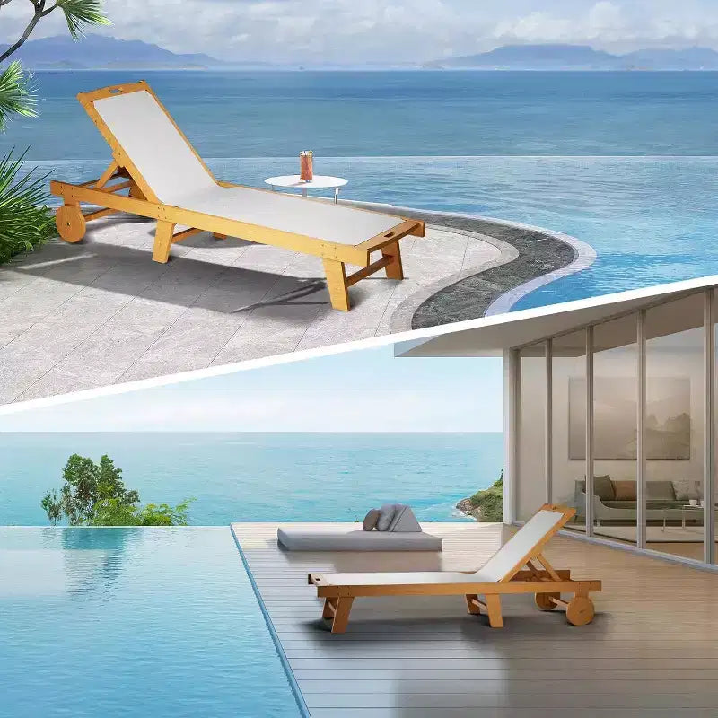 Adjustable Patio Chaise Lounge Chair with Wheels, 79x24in Acacia Wood Outdoor Recliner, All-Weather Teslin Mesh Cushion