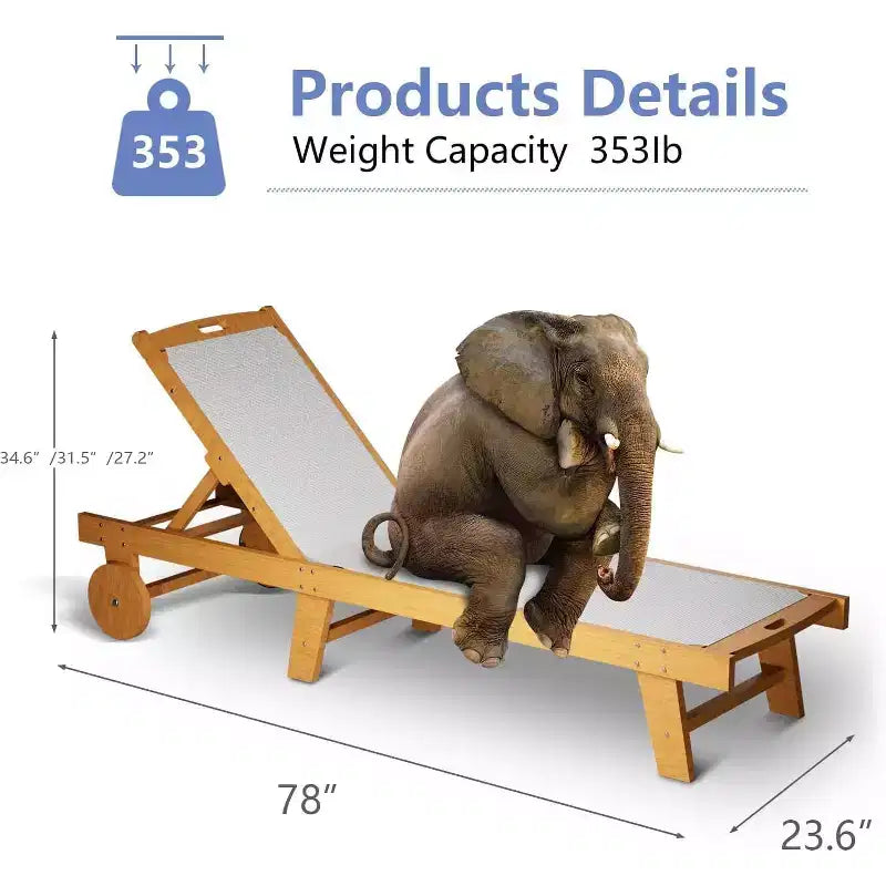 Adjustable Patio Chaise Lounge Chair with Wheels, 79x24in Acacia Wood Outdoor Recliner, All-Weather Teslin Mesh Cushion