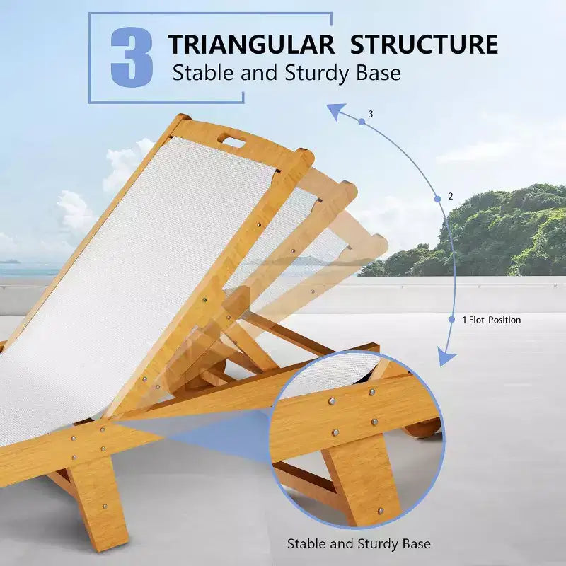 Adjustable Patio Chaise Lounge Chair with Wheels, 79x24in Acacia Wood Outdoor Recliner, All-Weather Teslin Mesh Cushion