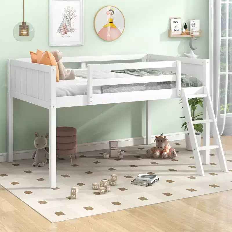 Lit mezzanine bas pour enfants, cadre de lit mezzanine junior en bois avec échelle pour filles garçons adolescents