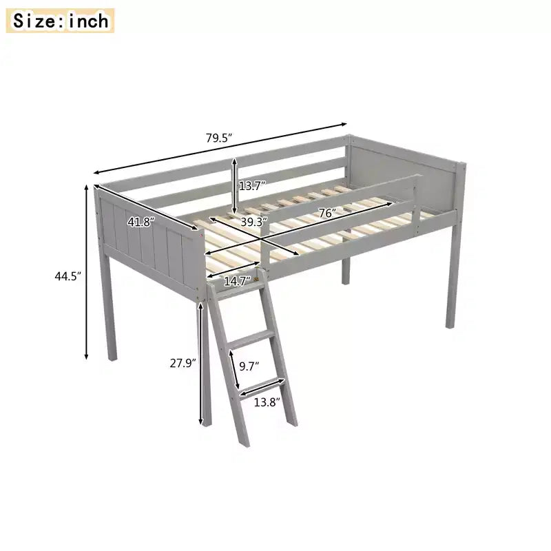 Lit mezzanine bas pour enfants, cadre de lit mezzanine junior en bois avec échelle pour filles garçons adolescents