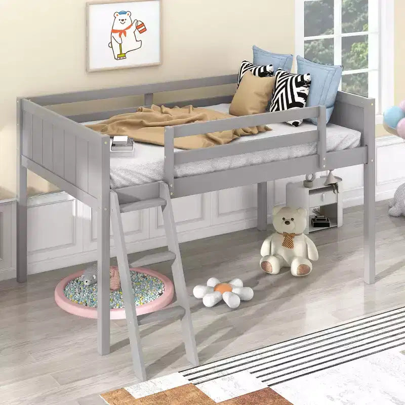 Low Loft Bed for Kids, Wood Junior Loft Bed Frame with Ladder for Girls Boys Teens