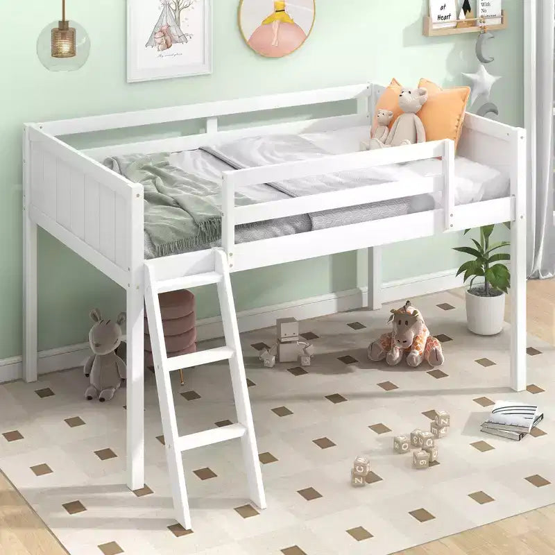 Low Loft Bed for Kids, Wood Junior Loft Bed Frame with Ladder for Girls Boys Teens
