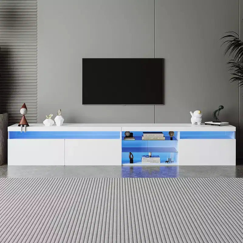 Bestier Modern TV Stand for TVs Up to 105 with 2 Glass Shelves, Storage Media Console, Versatile TV Cabinet with LED Lights for Living Room, White