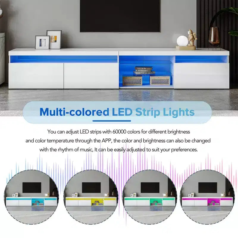 Modern TV Stand for TVs Up to 105 with 2 Glass Shelves, Storage Media Console, Versatile TV Cabinet with LED Lights for Living Room, White