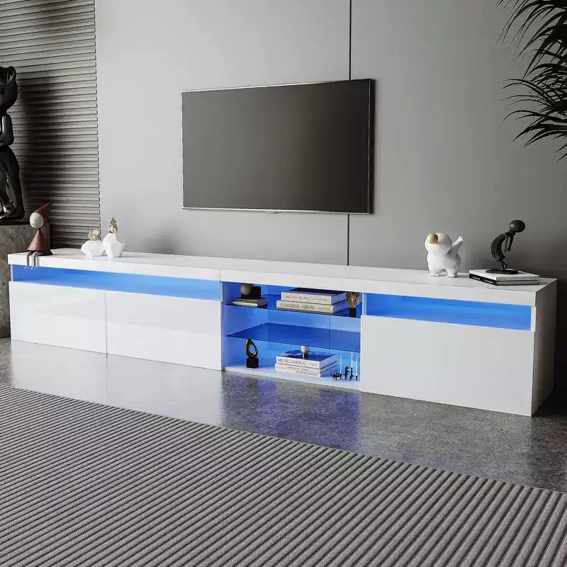 Modern TV Stand for TVs Up to 105 with 2 Glass Shelves, Storage Media Console, Versatile TV Cabinet with LED Lights for Living Room, White