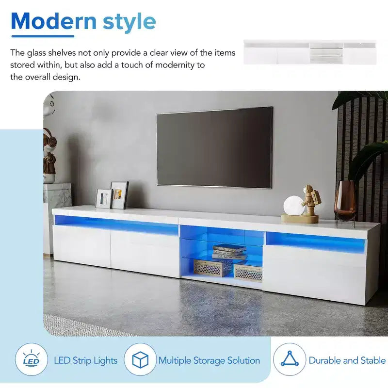 Modern TV Stand for TVs Up to 105 with 2 Glass Shelves, Storage Media Console, Versatile TV Cabinet with LED Lights for Living Room, White