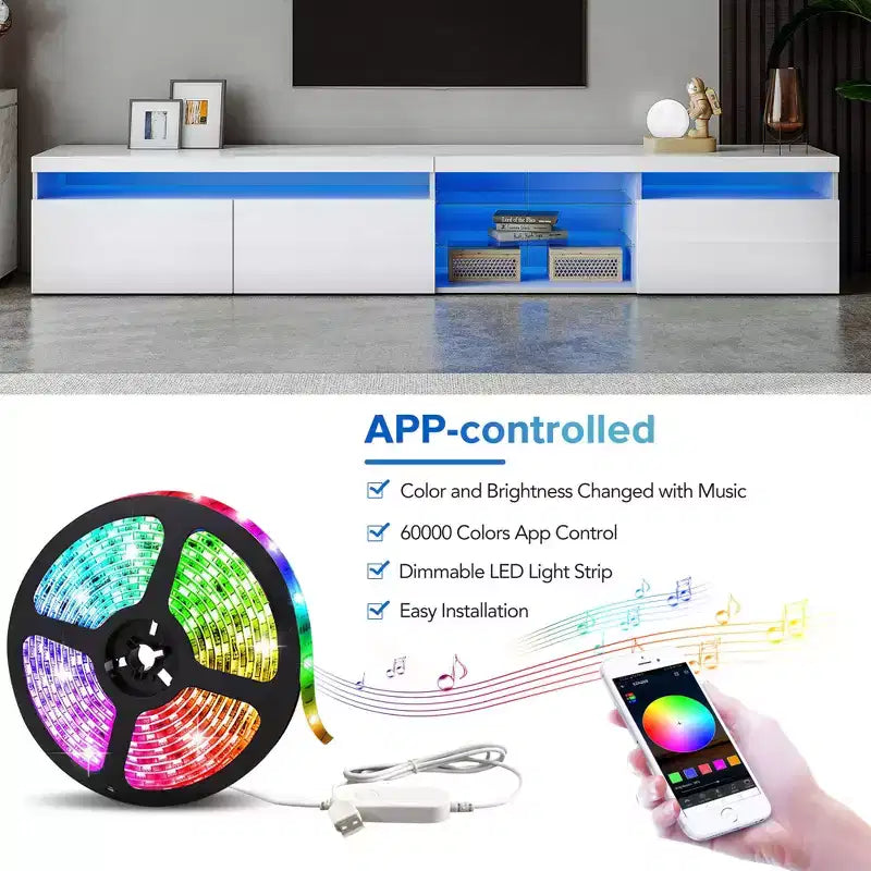 Meuble TV Moderne pour TV Jusqu'à 105", avec 2 Étagères en Verre, Meuble Console de Rangement Multimédia, Meuble TV Polyvalent avec Lumières LED pour Salon, Blanc