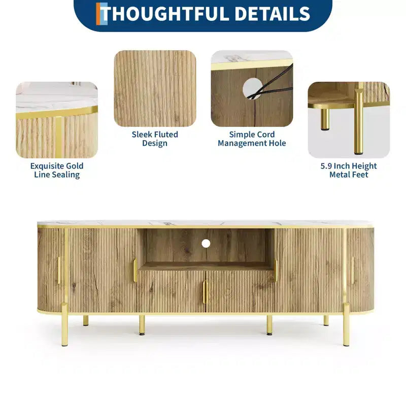 Meuble TV cannelé, centre de divertissement TV avec plateau en faux marbre, console avec étagères réglables et portes coulissantes, pour salon, chambre à coucher