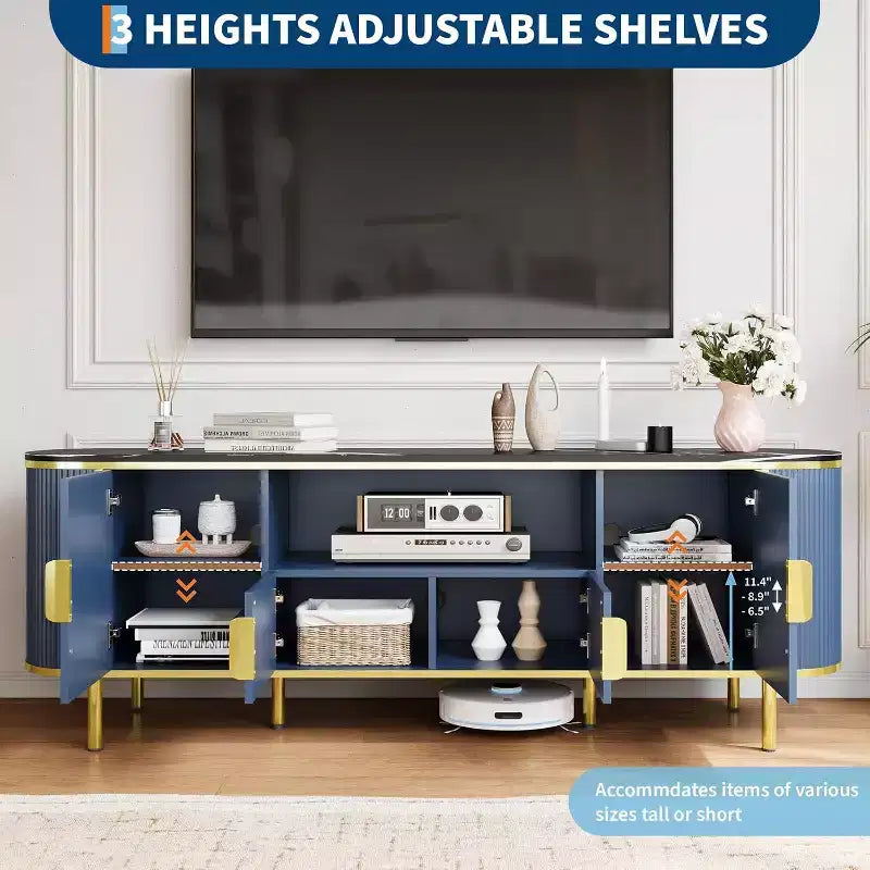Fluted TV Stand, TV Entertainment Center with Faux Marble Top, Console Table with Adjustable Shelves Sliding Doors, for Living Room, Bedroom