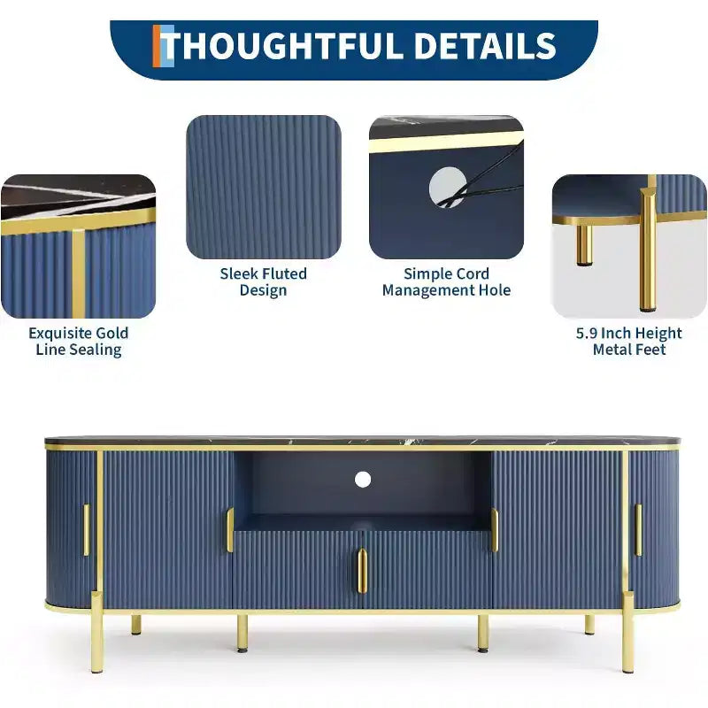 Meuble TV cannelé, centre de divertissement TV avec plateau en faux marbre, console avec étagères réglables et portes coulissantes, pour salon, chambre à coucher