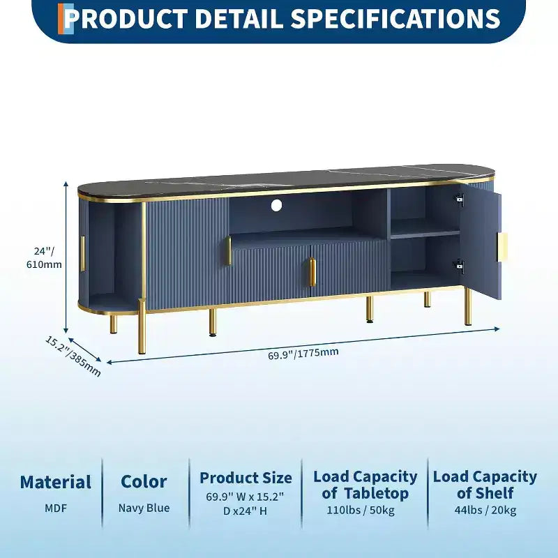 Meuble TV cannelé, centre de divertissement TV avec plateau en faux marbre, console avec étagères réglables et portes coulissantes, pour salon, chambre à coucher