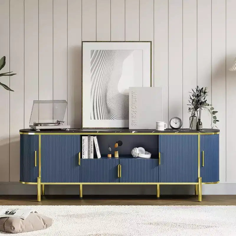 Fluted TV Stand, TV Entertainment Center with Faux Marble Top, Console Table with Adjustable Shelves Sliding Doors, for Living Room, Bedroom
