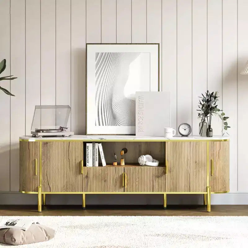Fluted TV Stand, TV Entertainment Center with Faux Marble Top, Console Table with Adjustable Shelves Sliding Doors, for Living Room, Bedroom