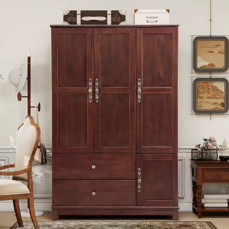 Armoire de 117,6 cm en bois jaune brunâtre avec 2 tiroirs, une tringle de suspension et des étagères