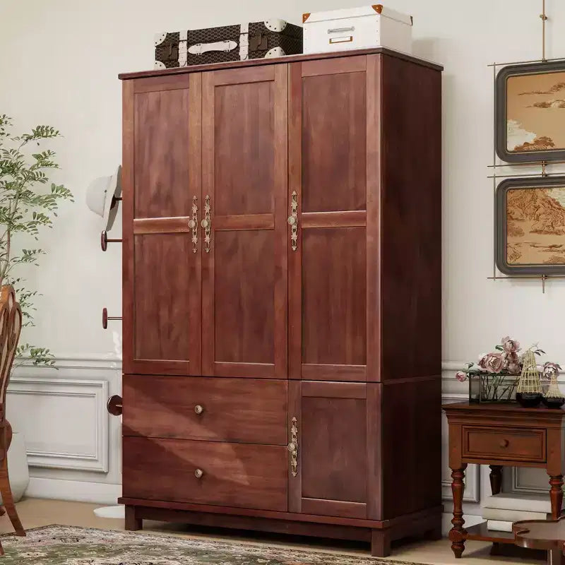 Armoire de 117,6 cm en bois jaune brunâtre avec 2 tiroirs, une tringle de suspension et des étagères