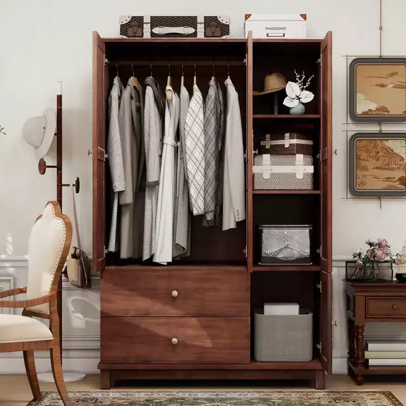 Armoire de 117,6 cm en bois jaune brunâtre avec 2 tiroirs, une tringle de suspension et des étagères