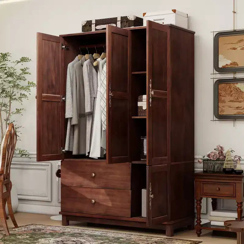 Armoire de 117,6 cm en bois jaune brunâtre avec 2 tiroirs, une tringle de suspension et des étagères